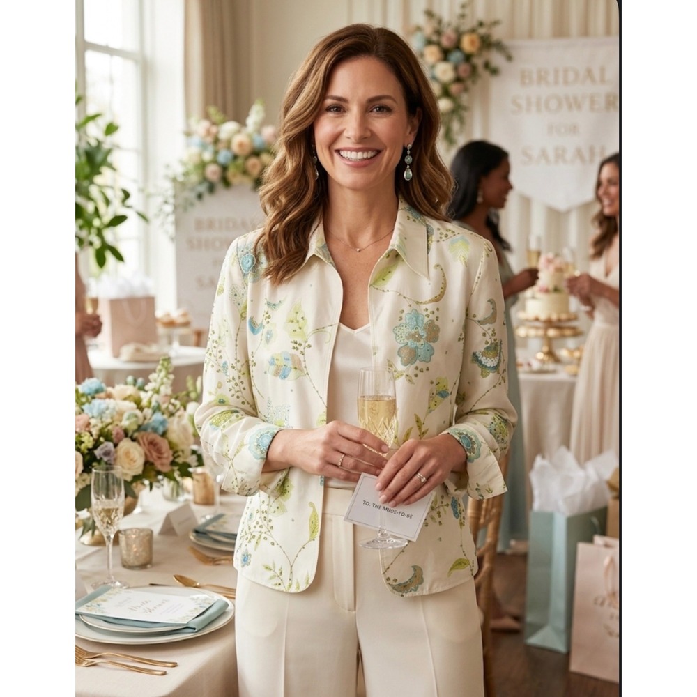 Draper's & Damon's Silk Floral Women 12P Ivory Beaded Open Front Spring Jacket